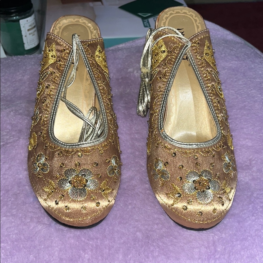 Gold Embellished High Heel Mules